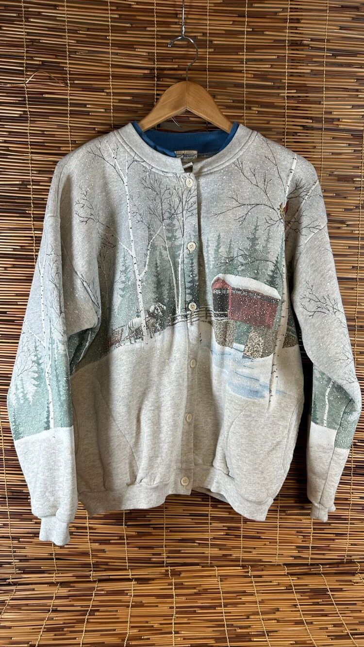 Vintage Artisans Sunschein Designs Snow Covered Bridge Cardinal Textured Women's